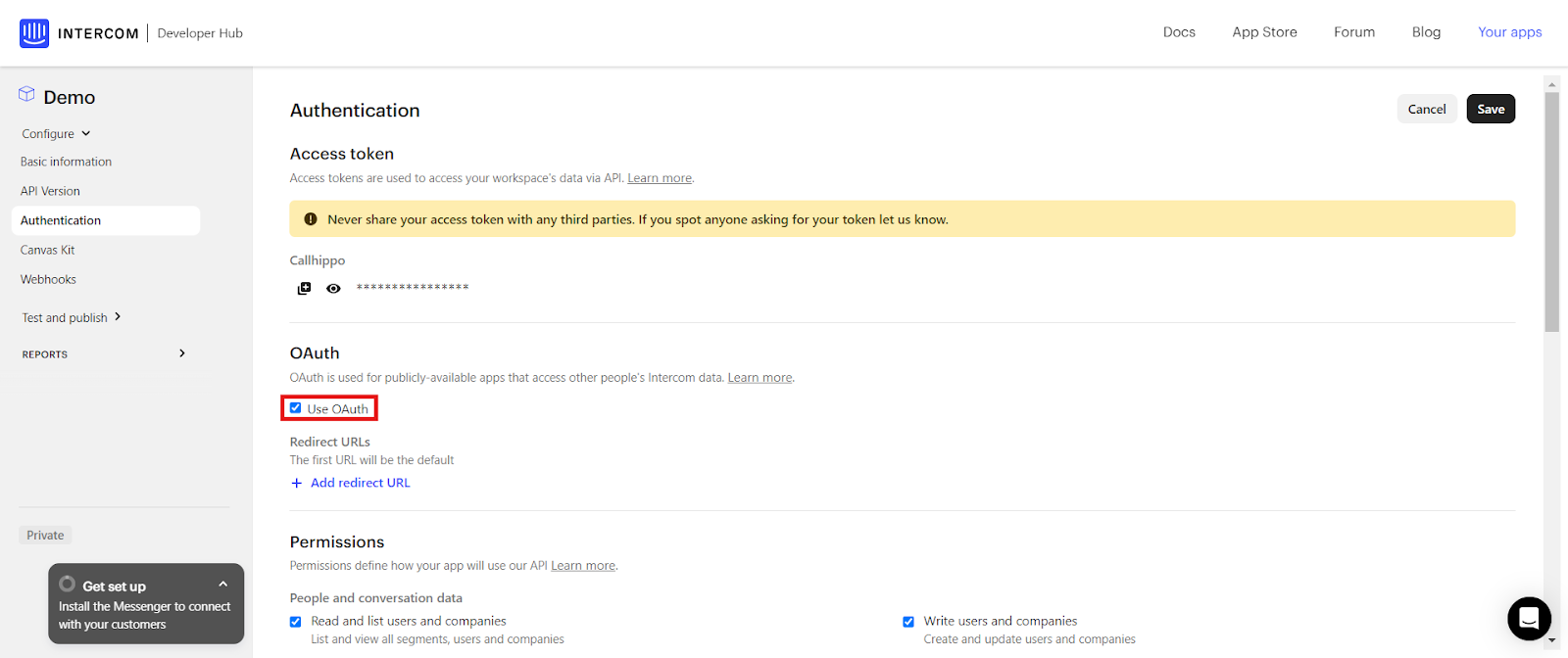Intercom Authentication settings with the Use OAuth checkbox selected