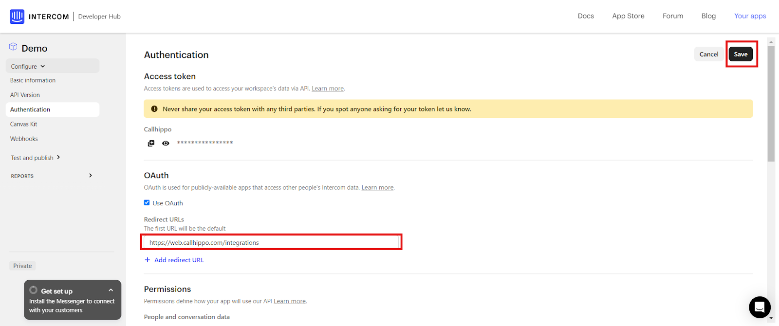 Intercom OAuth Redirect URL set to https://web.callhippo.com/integrations with Save highlighted