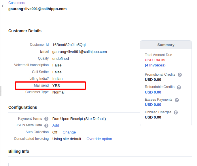 Chargebee customer details page showing the Mail send field set to YES