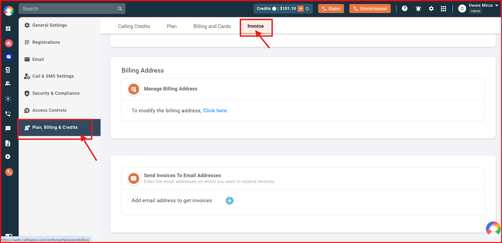Plan, Billing and Credits section with the Invoice tab selected in CallHippo settings