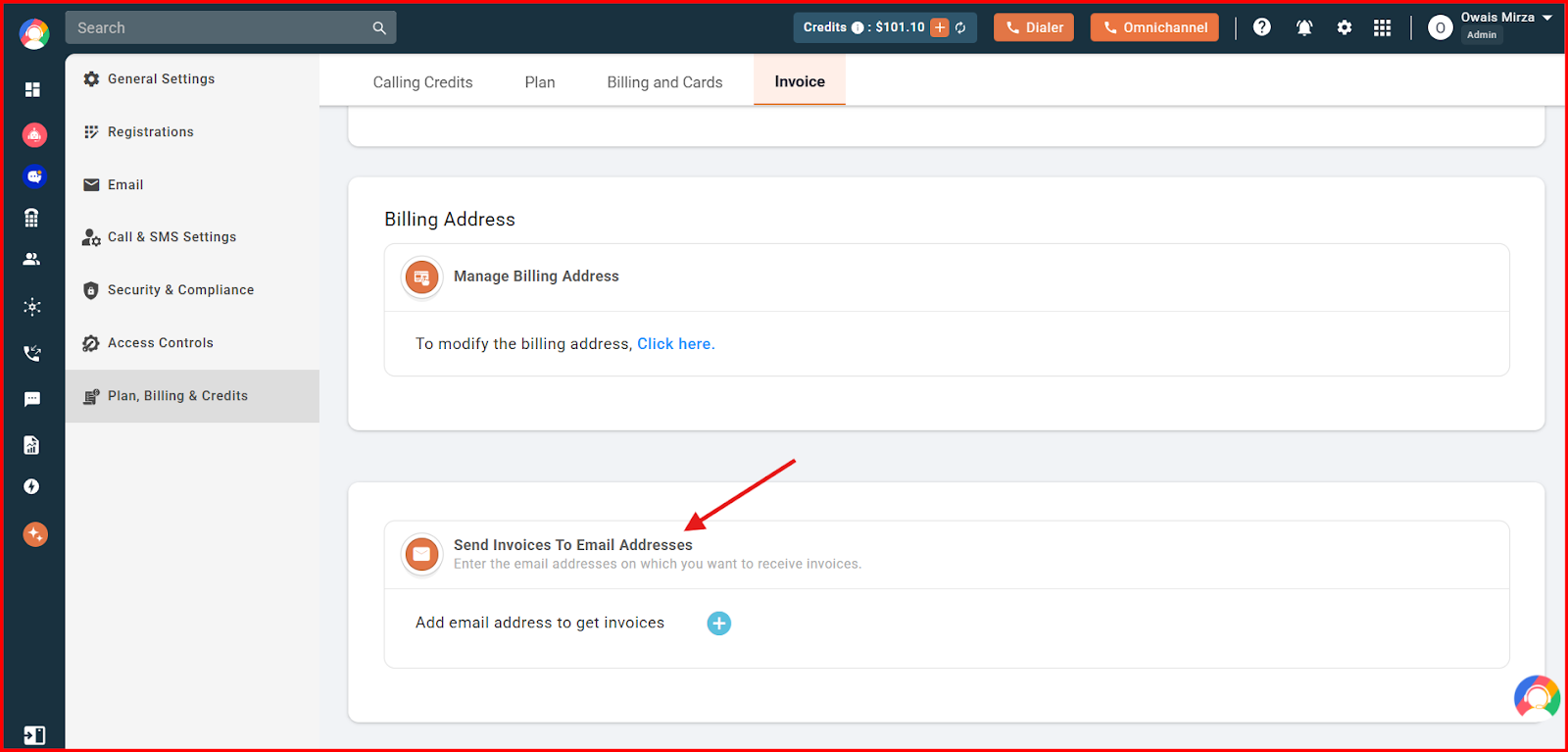 Send Invoices To Email Addresses option on the Invoice tab in CallHippo