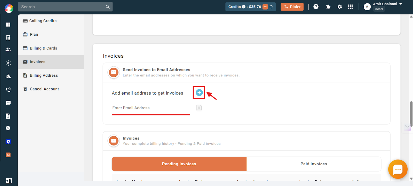 Plus icon and Enter Email Address field to add an invoice recipient in CallHippo