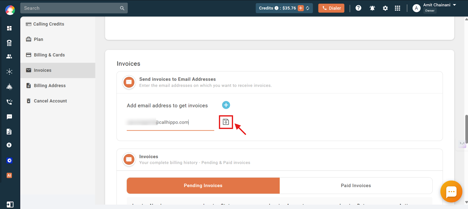 Email address entered with the floppy disc save icon highlighted in CallHippo
