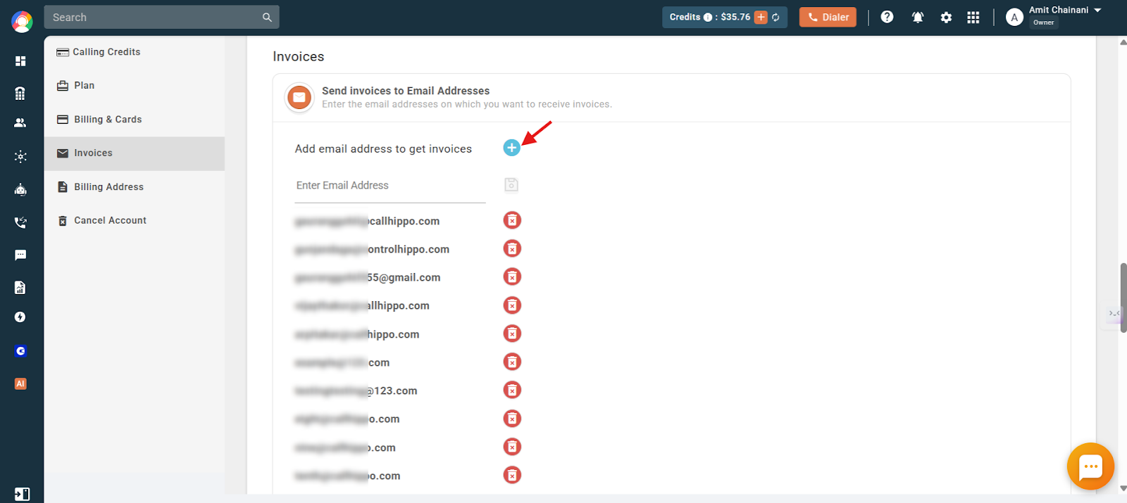 List of multiple email addresses added to receive invoices in CallHippo