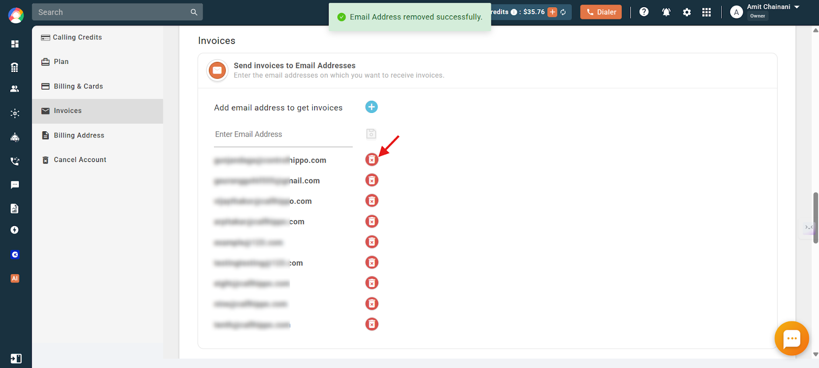 Red delete icon removing an invoice recipient email address in CallHippo