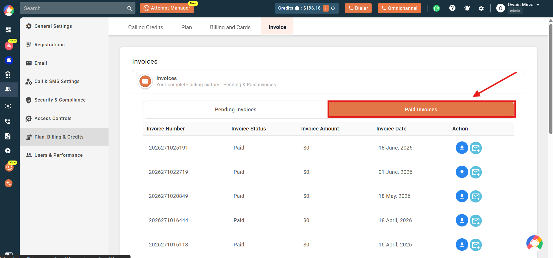 Paid Invoices tab listing invoice numbers, status, amount and dates