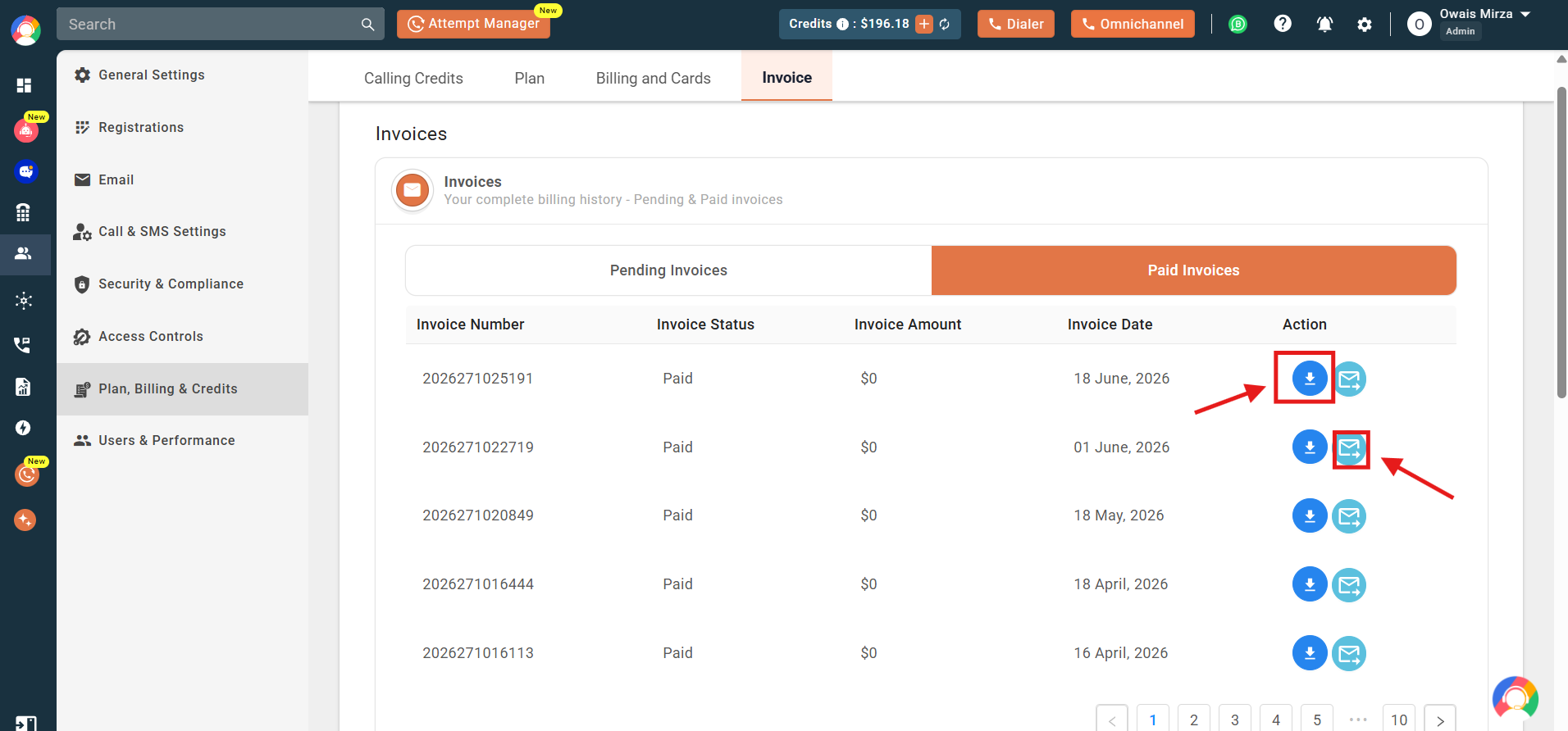 Invoice action buttons highlighting the download and send to email options