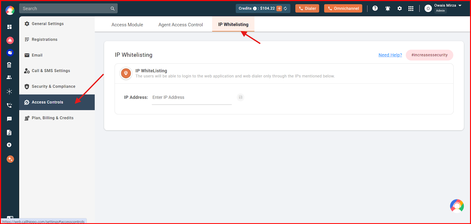 Access Controls section with the IP Whitelisting tab in CallHippo