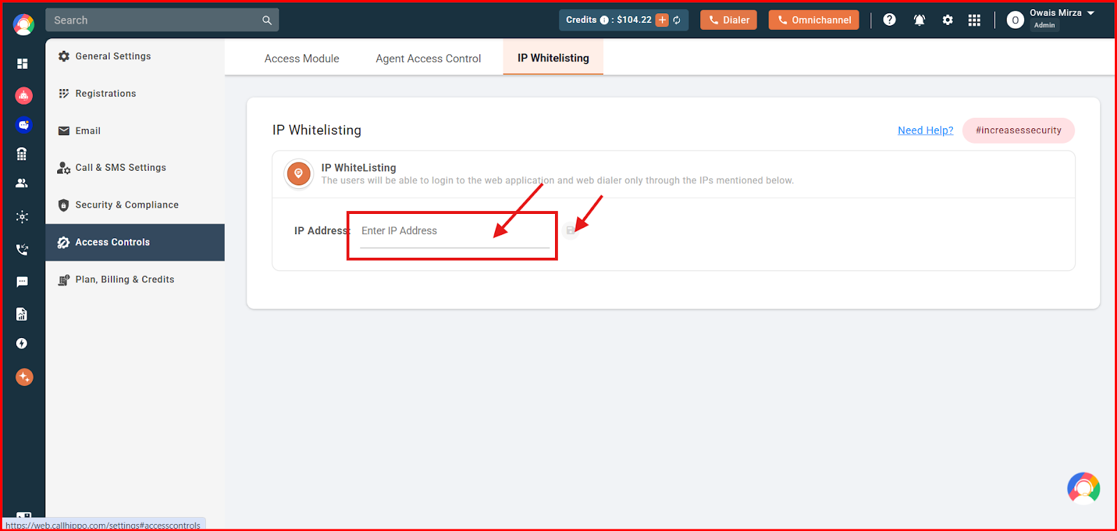 Entering an IP address and saving it in CallHippo IP Whitelisting