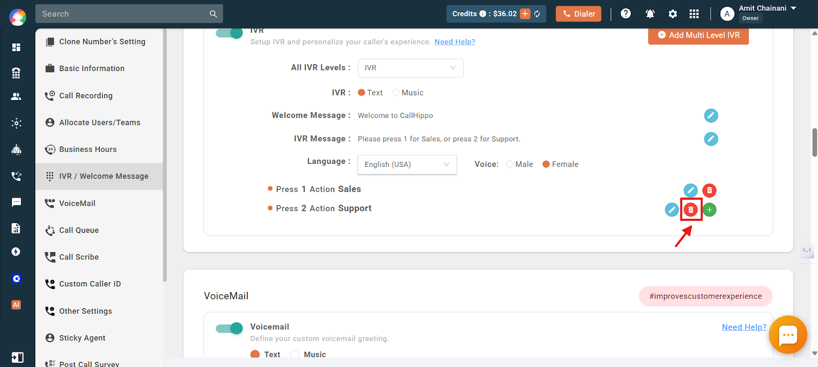 IVR with Press 1 Action Sales and Press 2 Action Support both configured