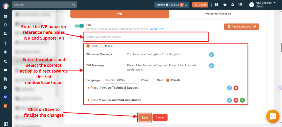 Flowchart of a two-step multilevel IVR routing callers through Sales and Support sub-menus
