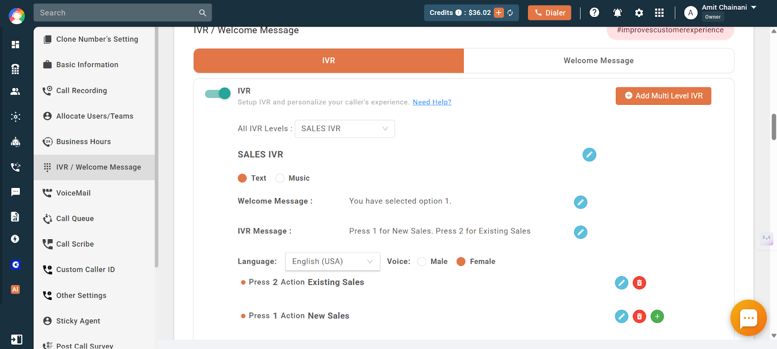 Creating a bottom-level IVR with name, welcome message, IVR message and press actions, then Save