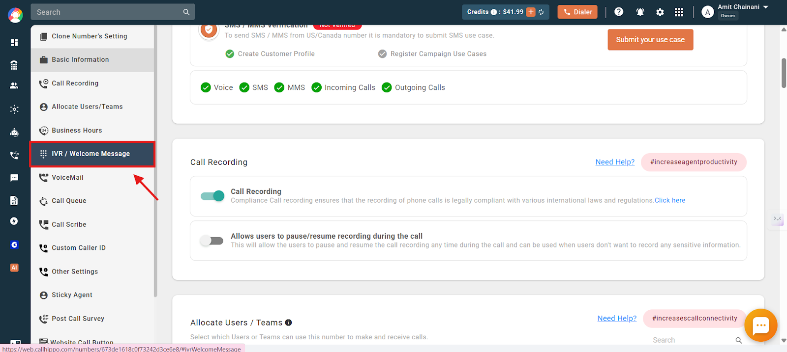 Number settings sidebar with the IVR / Welcome Message option highlighted