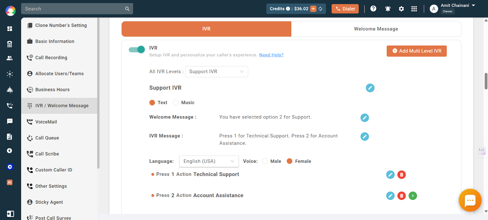 The Support IVR configuration shown, selectable from the All IVR Levels dropdown