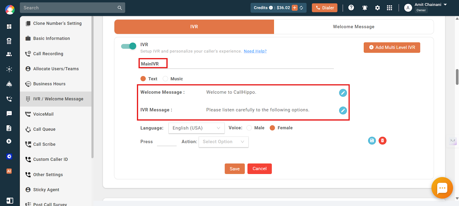 Creating the Main IVR with its welcome message and IVR message before adding routing actions