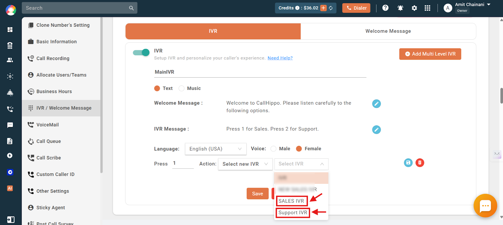 Selecting Select new IVR as the action and choosing the Sales or Support IVR for a keypress