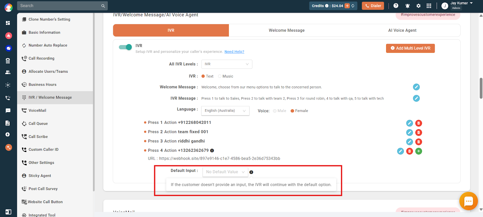 IVR level showing the Default Input dropdown that routes callers who do not press a key
