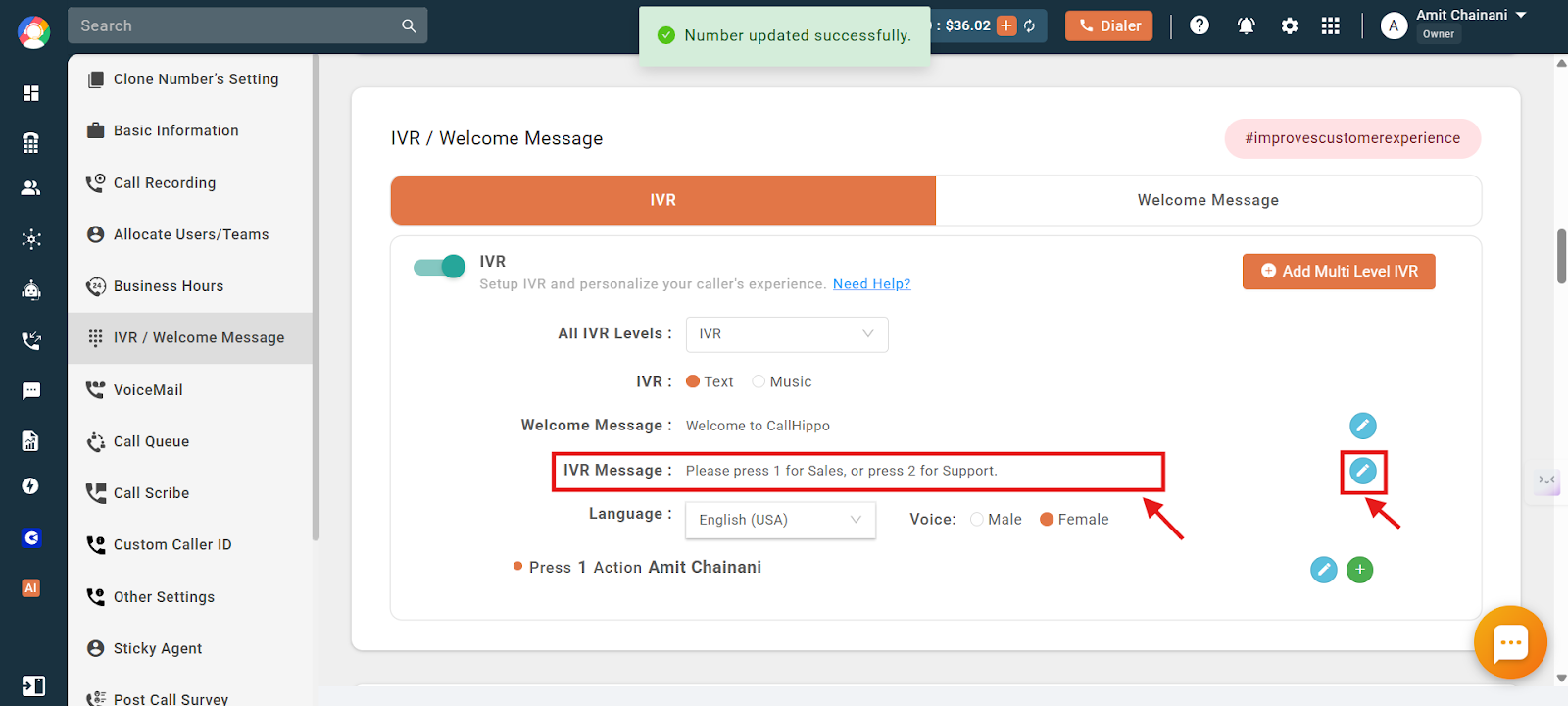 IVR screen showing welcome message and IVR message fields with edit pencil icons
