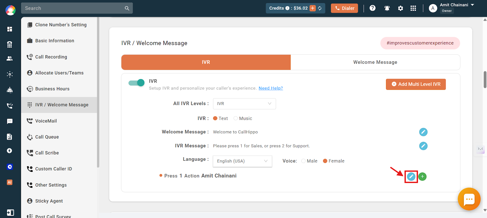 Setting the action for Press 1 to route to the Sales team with the save icon highlighted