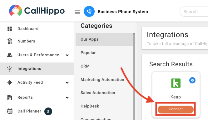 CallHippo Integrations with the Keap card and its Connect button highlighted