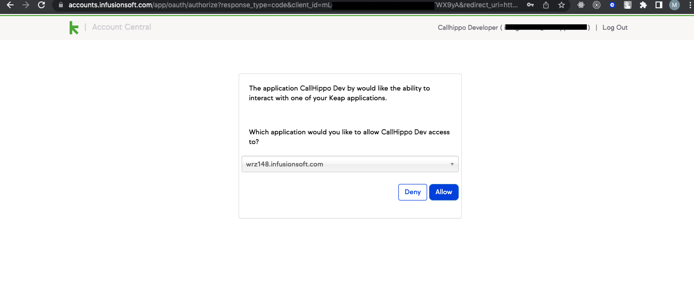 Keap authorization page selecting the application and the Allow button to grant CallHippo access
