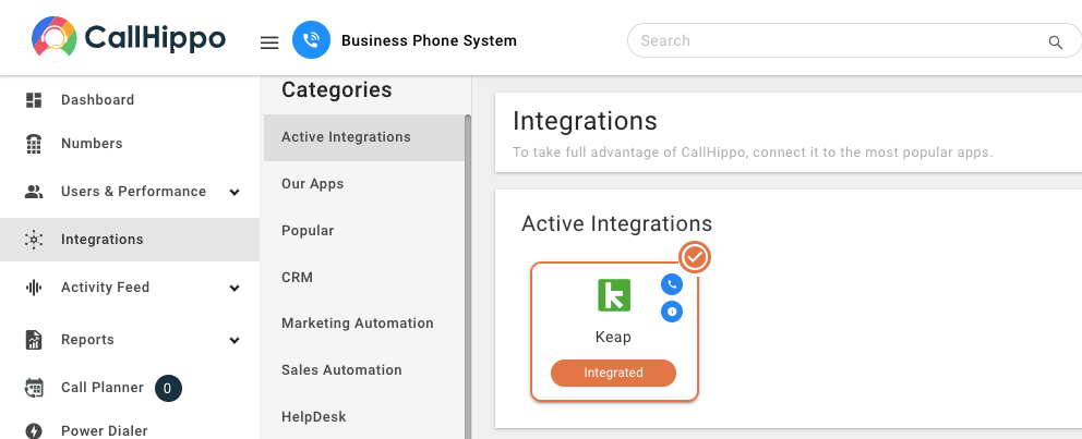 CallHippo Active Integrations showing Keap with an Integrated status badge