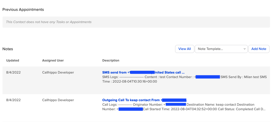 Keap contact Notes section showing call and SMS activity logged from CallHippo