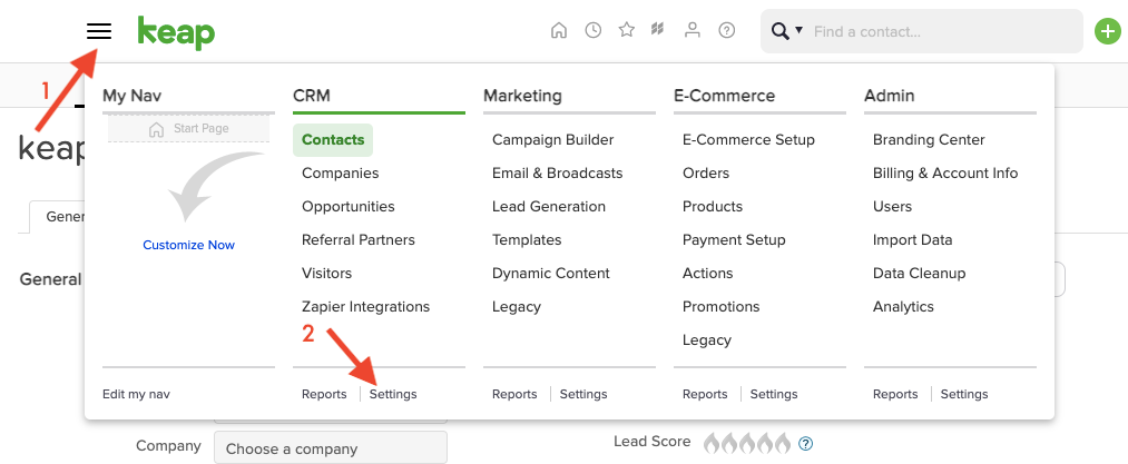 Keap navigation menu with CRM and Settings highlighted