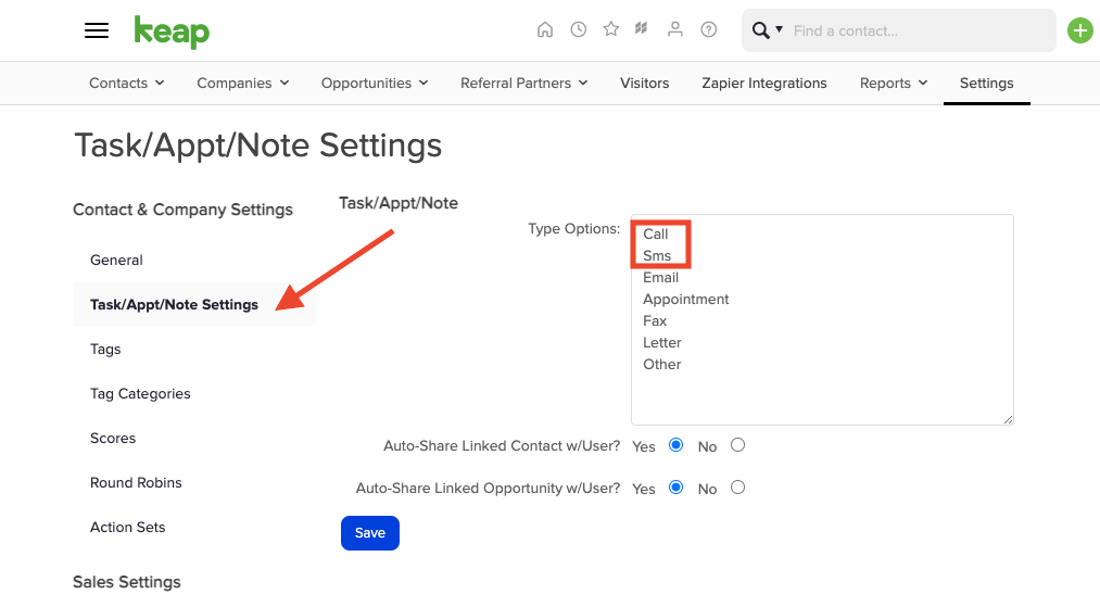 Keap Task Appt Note Settings with Call and Sms added to the Type Options list