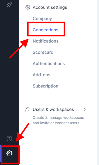Klaus Account settings menu with Connections highlighted