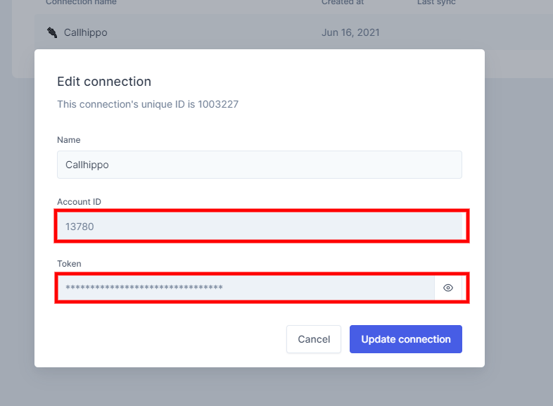 Klaus Edit connection panel showing Account ID and Token fields