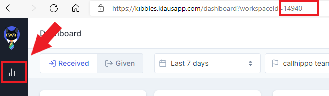 Klaus dashboard URL showing the workspace ID number