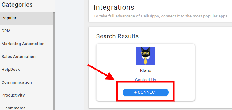 Klaus integration card in CallHippo with Connect button