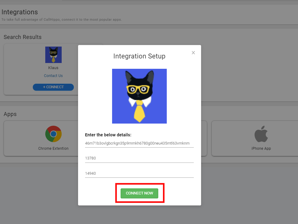 CallHippo Klaus Integration Setup popup with token, Account ID and Workspace ID fields