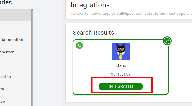 Klaus integration card showing Integrated status in CallHippo