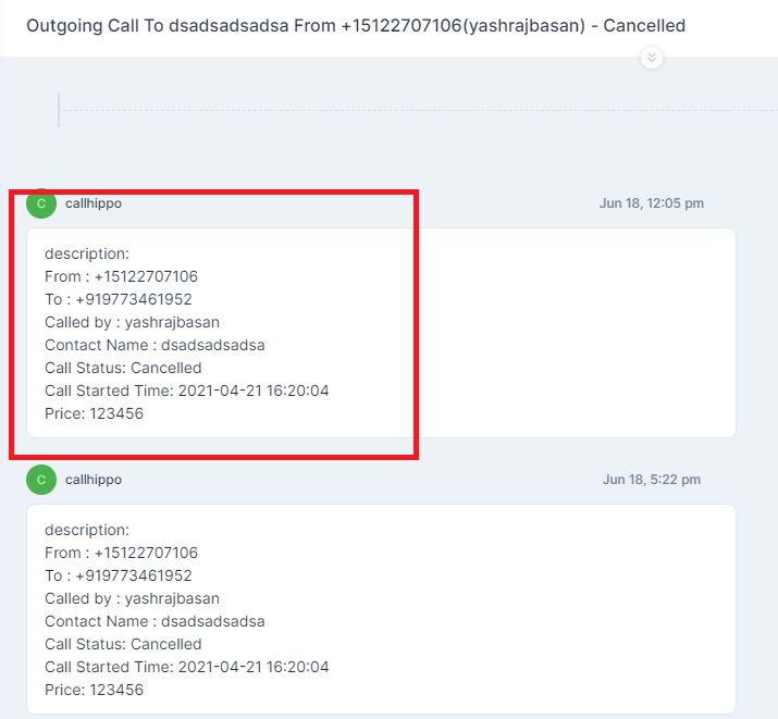 Call activity logged as a conversation in Klaus