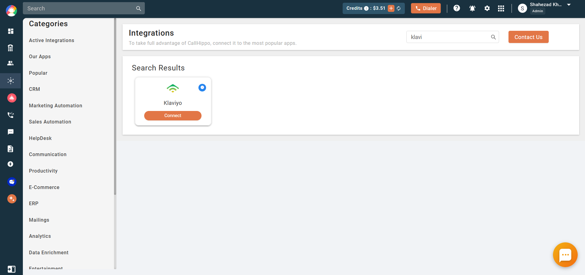 CallHippo Integrations page with Klaviyo search result and Connect button