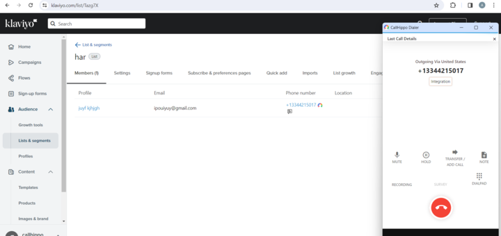 CallHippo click-to-call Chrome extension dialer open next to a Klaviyo contact number
