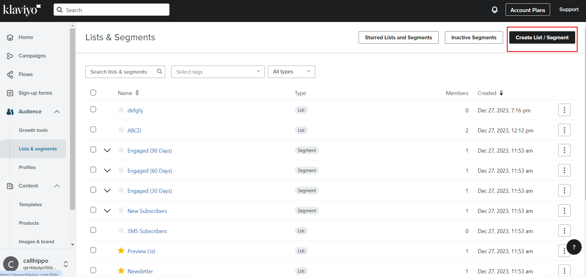 Klaviyo Lists and Segments page with the Create List / Segment button highlighted