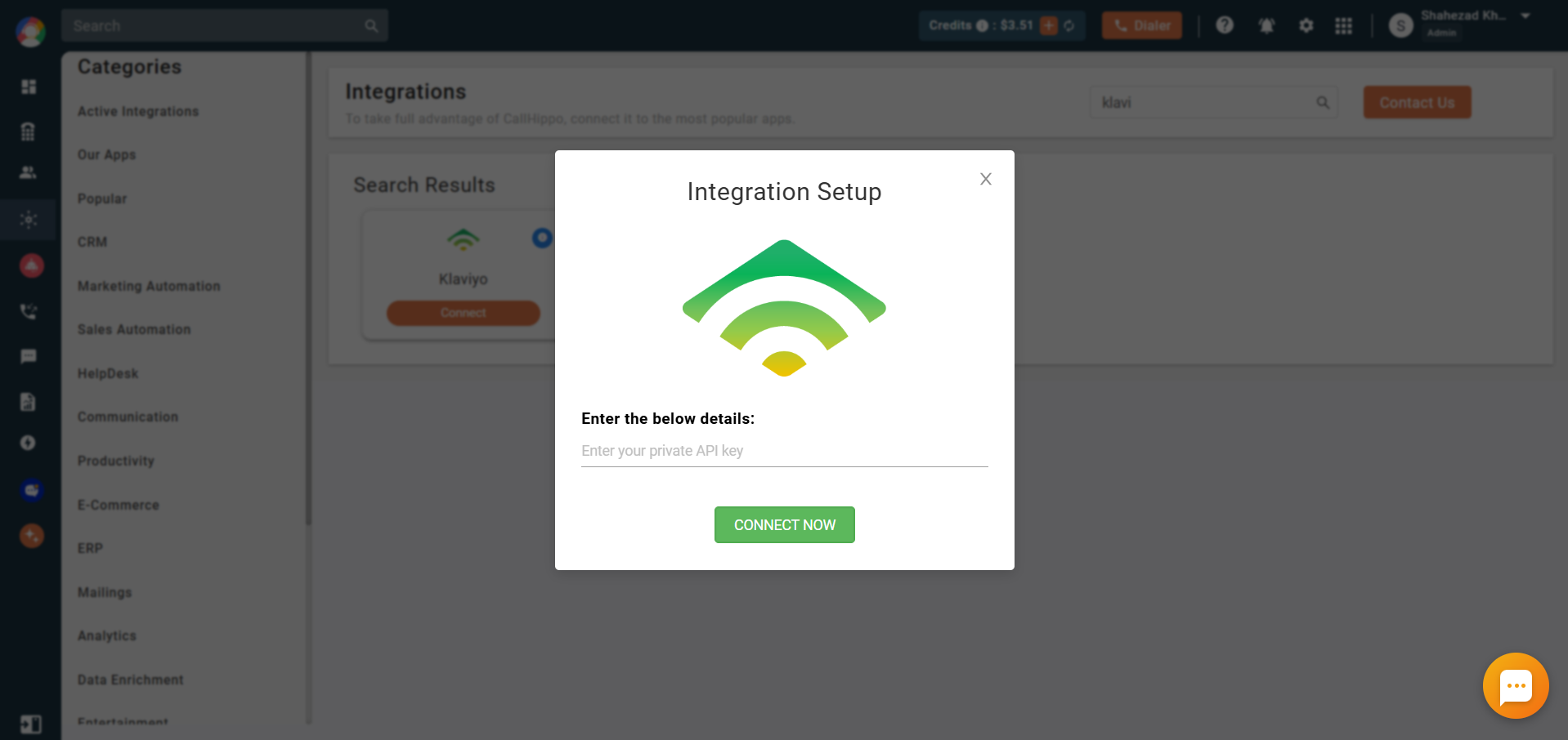 CallHippo Integration Setup popup asking for the Klaviyo private API key