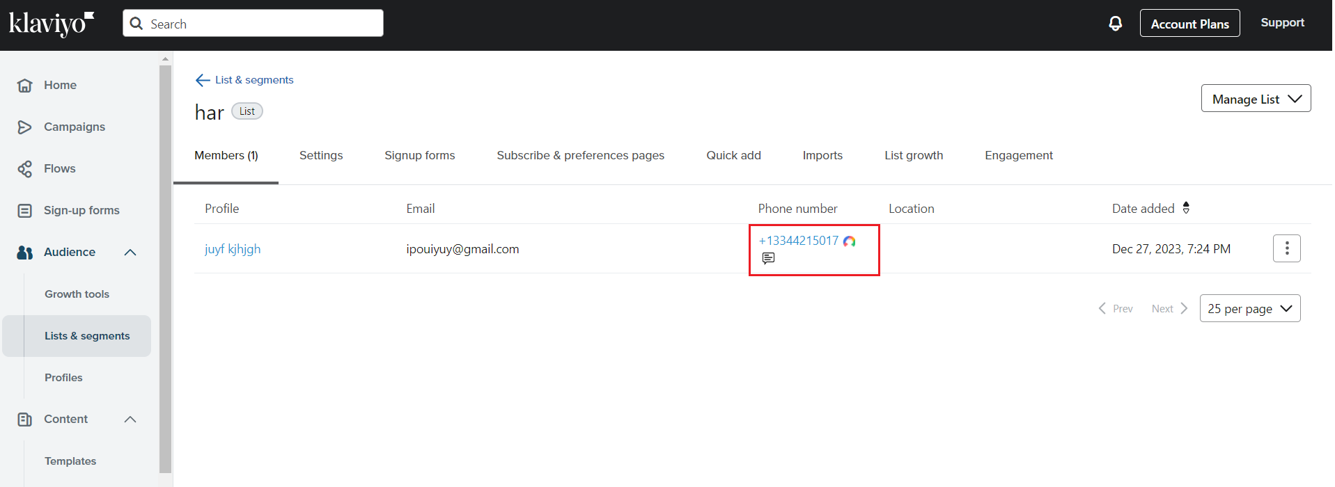 Klaviyo contact list member with the CallHippo click-to-call icon beside the phone number
