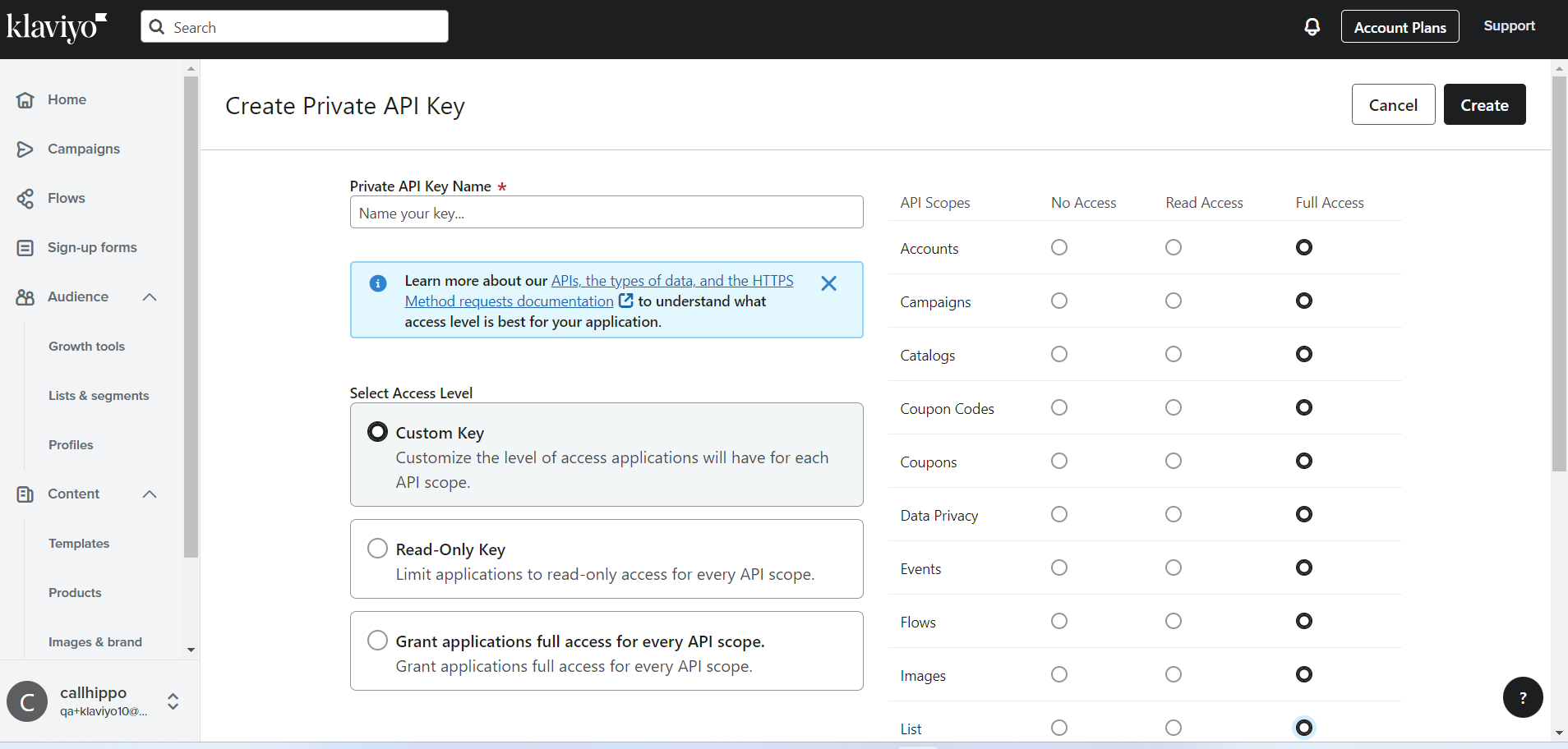 Klaviyo Create Private API Key screen showing full access scopes selected