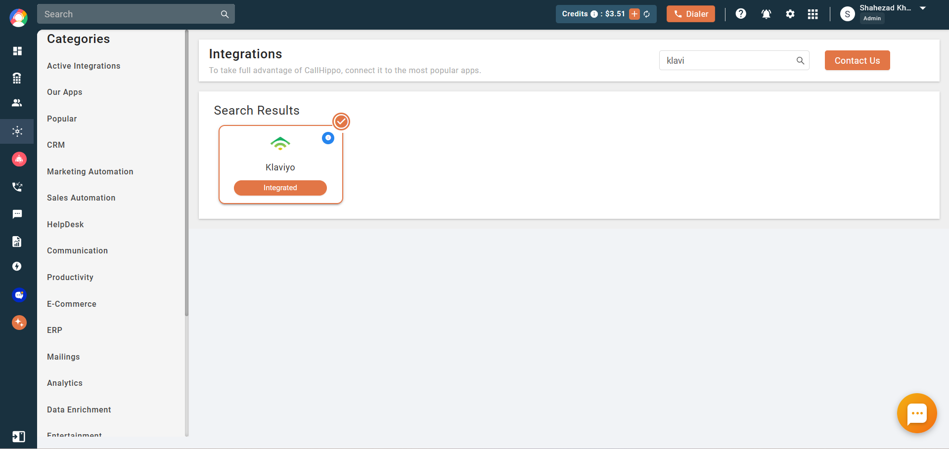 CallHippo Integrations page showing the Klaviyo card marked as Integrated