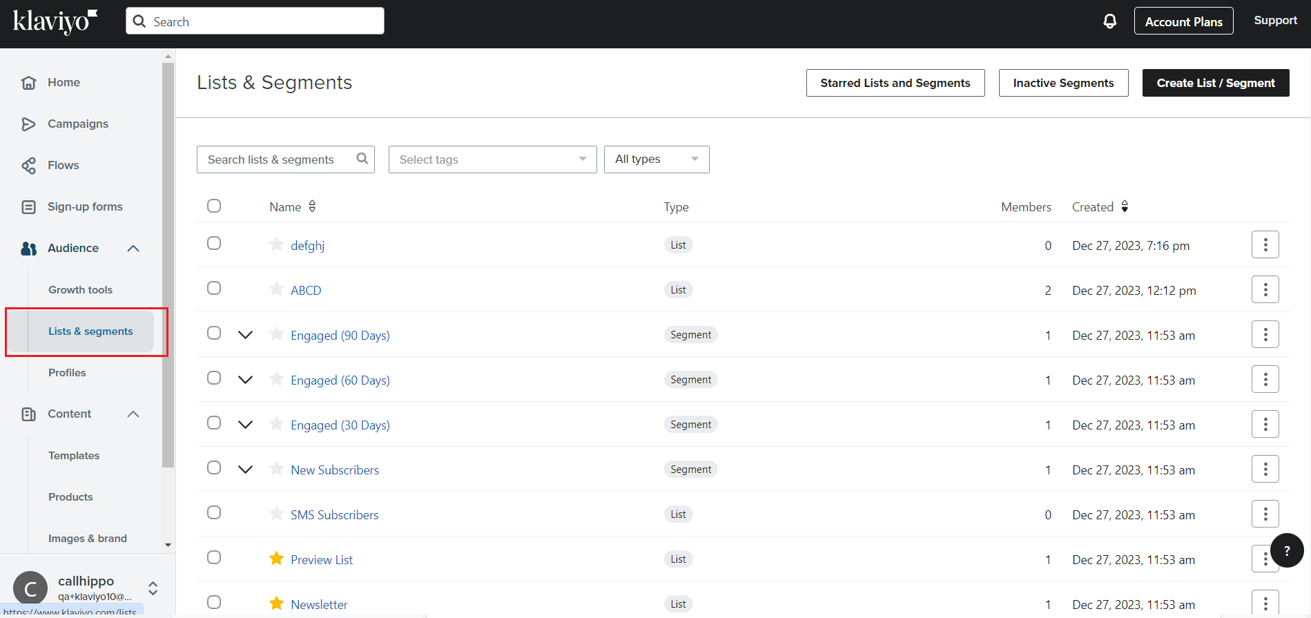 Klaviyo Audience section with Lists and segments highlighted