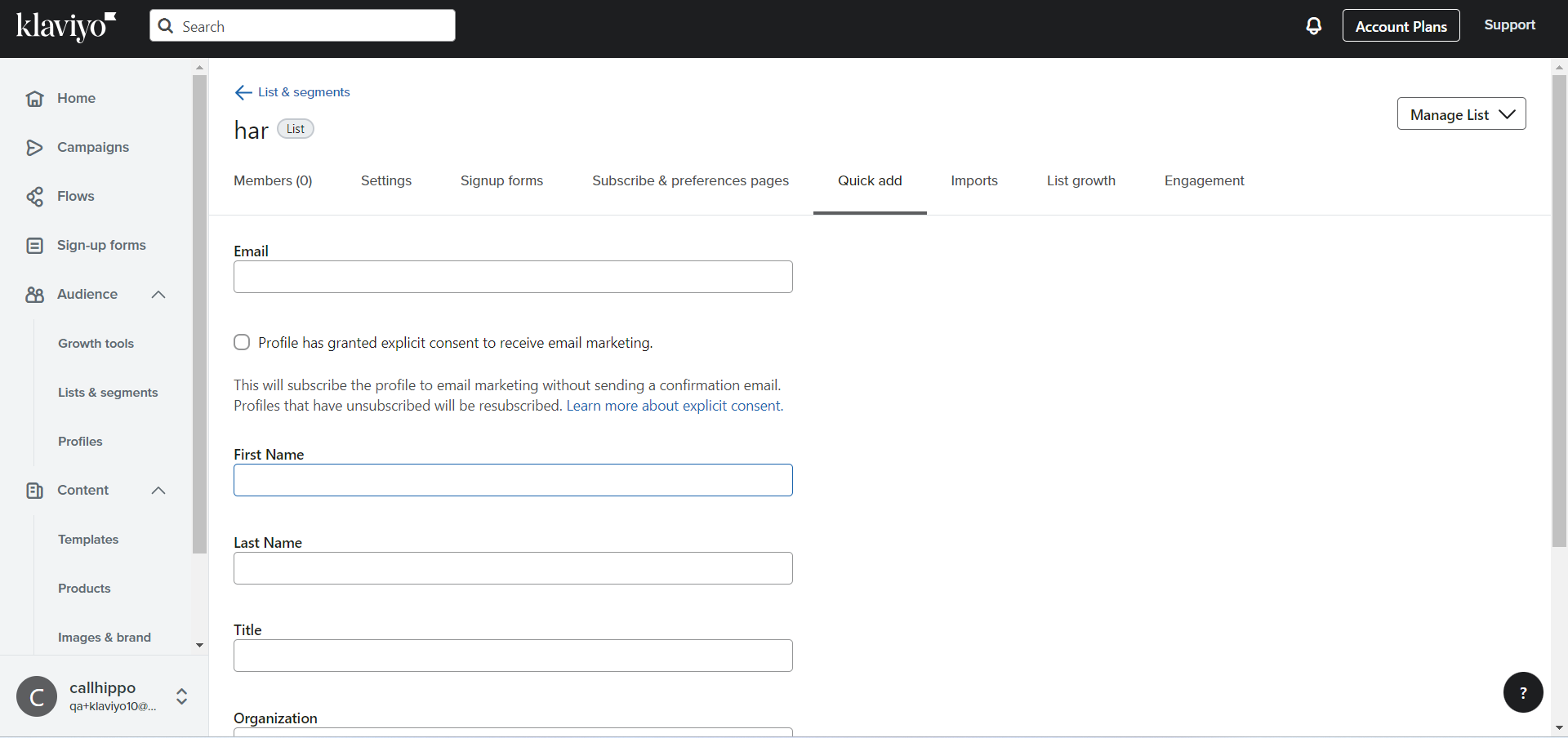 Klaviyo Quick add tab with fields for email, first name, and last name