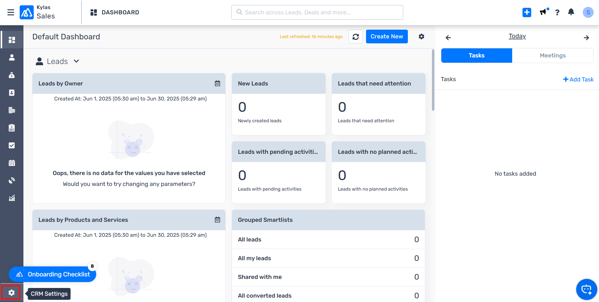 Kylas CRM dashboard with the settings gear icon highlighted