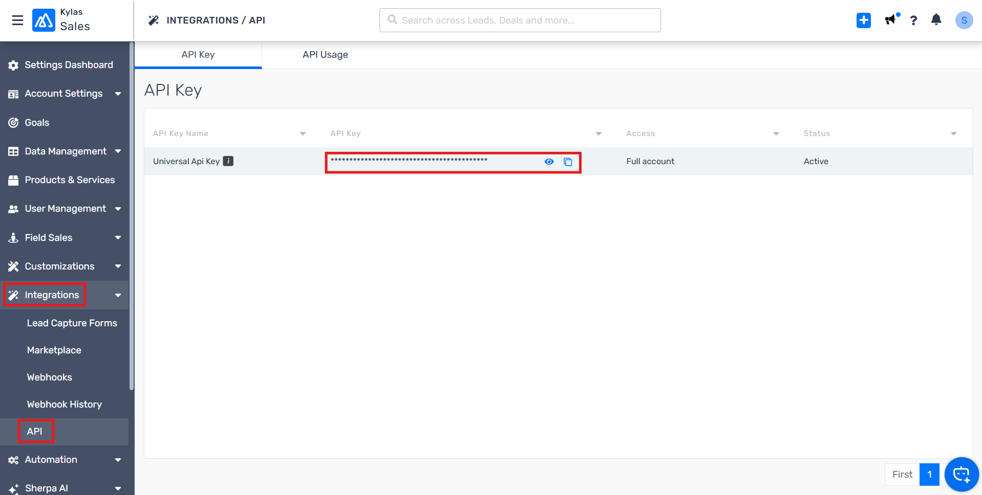 Kylas Integrations API section showing the API Key to copy