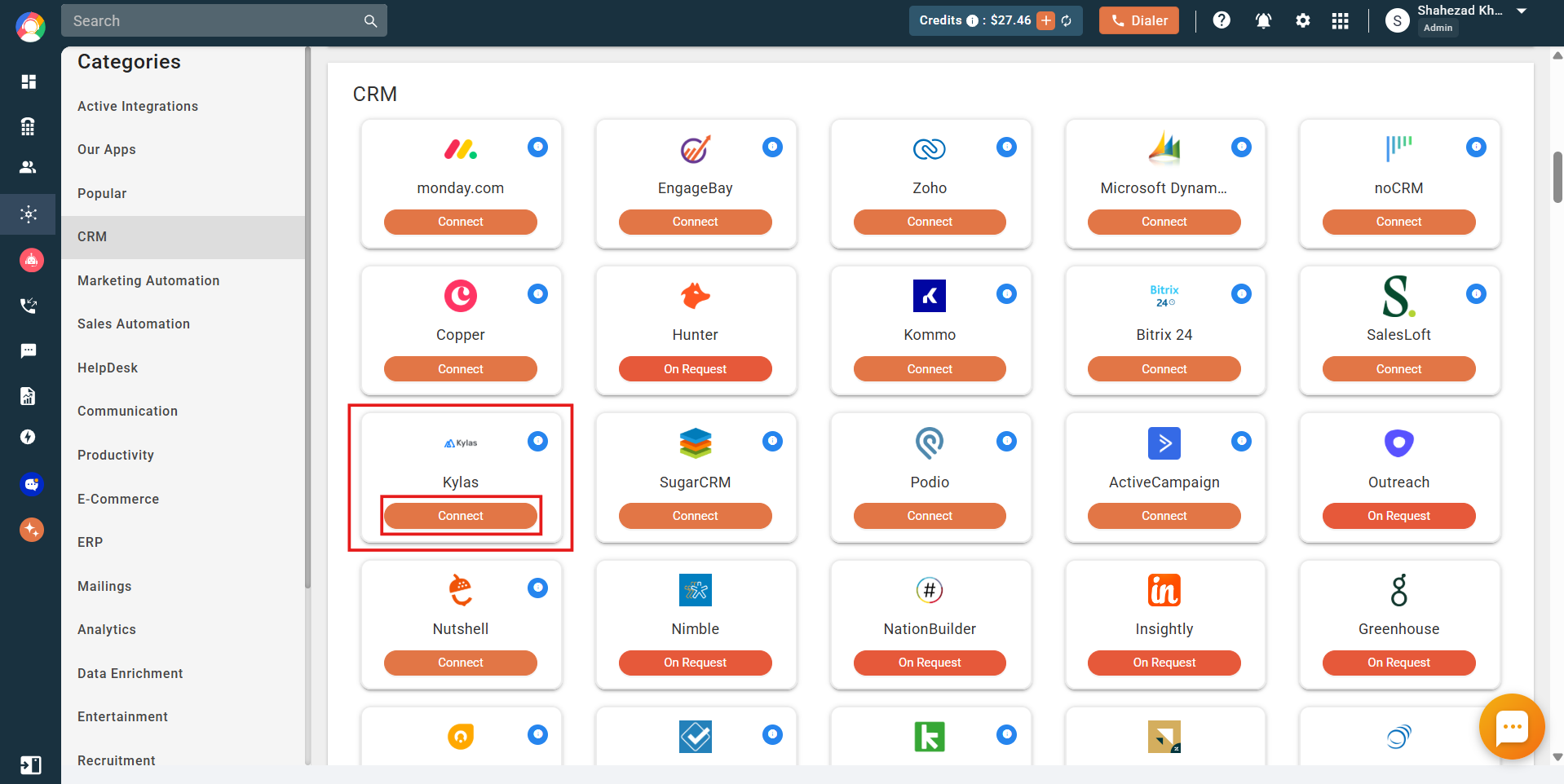 CallHippo integrations page with Kylas Connect button highlighted