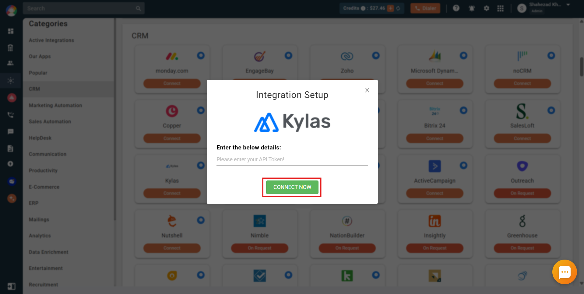 CallHippo Kylas integration setup popup to enter API token and click Connect Now