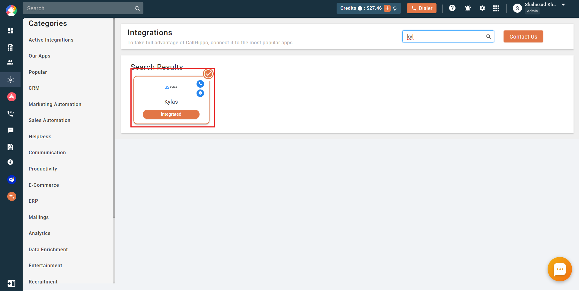 CallHippo integrations page showing Kylas status as Integrated
